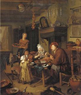 Hendrik de Valk - An interior with a family eating around a table, an artist\'s studio beyond