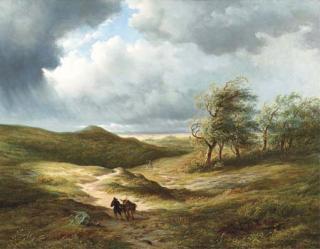 Hendrik Dirk Kruseman Van Elten - After the storm: travellers on a path in an extensive undulating landscape