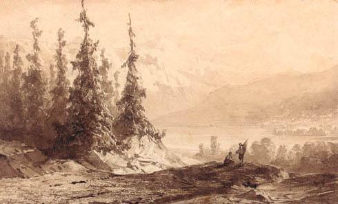 Hendrik Dirk Kruseman Van Elten - An alpine landscape with travellers overlooking a lake