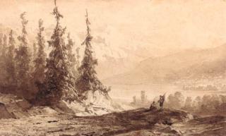 Hendrik Dirk Kruseman Van Elten - An alpine landscape with travellers overlooking a lake