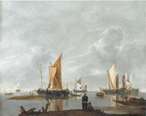 Hendrik Dubbels - A coastal landscape with shipping and two fishermen in the foreground