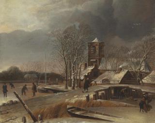 Hendrik Dubbels - Winter Landscape With Skaters On A Frozen Canal
