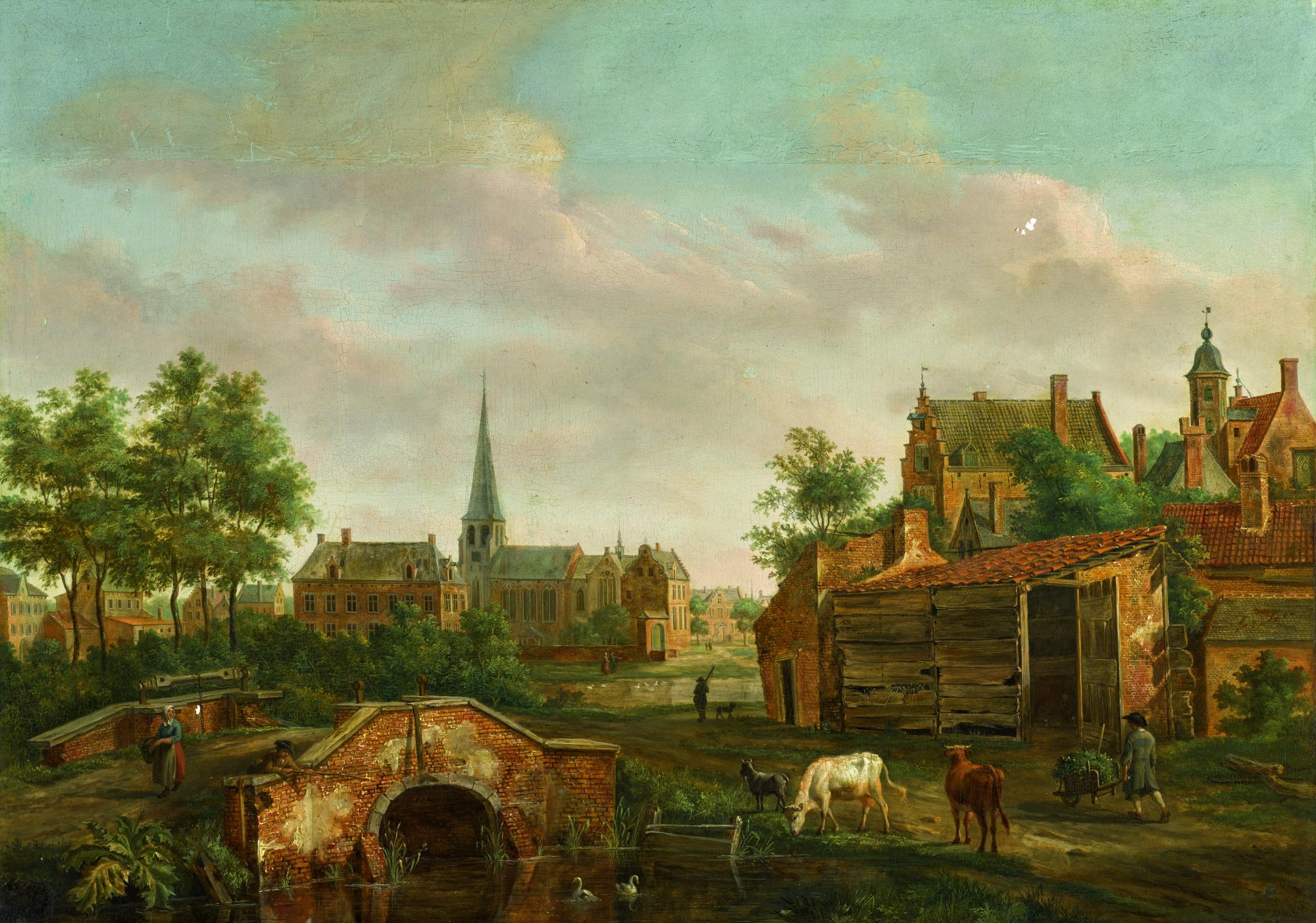 Hendrik Frans De Cort - A Town Scene With Cattle By A Bridge