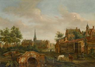 Hendrik Frans De Cort - A Town Scene With Cattle By A Bridge