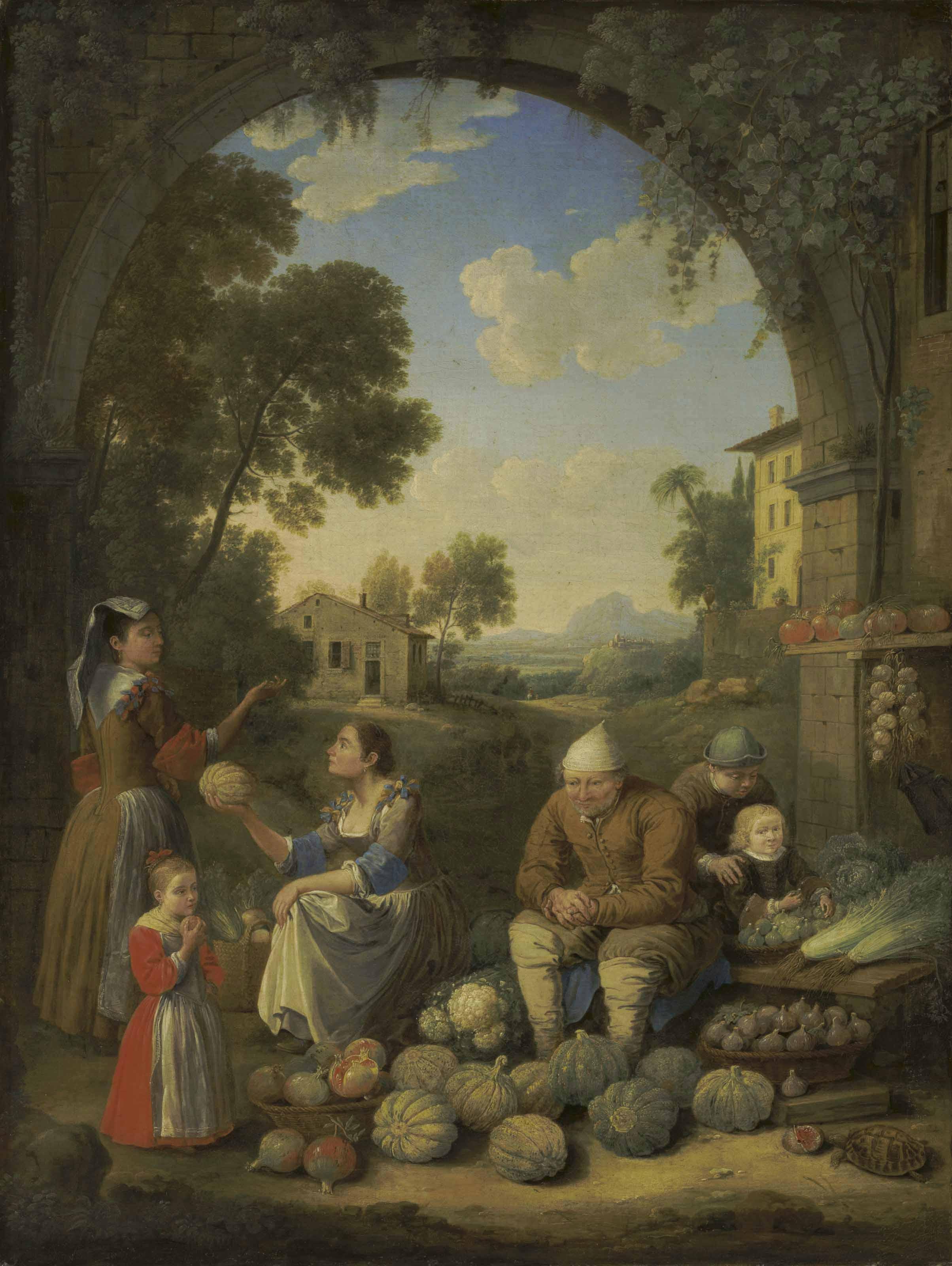 Hendrik Frans Van Lint, Lo Studio - A Lady With Children Visiting A Village Vegetable Stand
