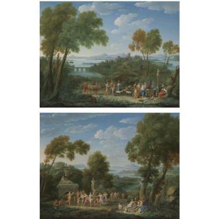 Hendrik Frans van Lint - A Classical Landscape With A Sacrifice Before A Term Of Pan; A Classical Landscape With A Bacchic Revel Before A Term, With Silenus On A Donkey Beyond
