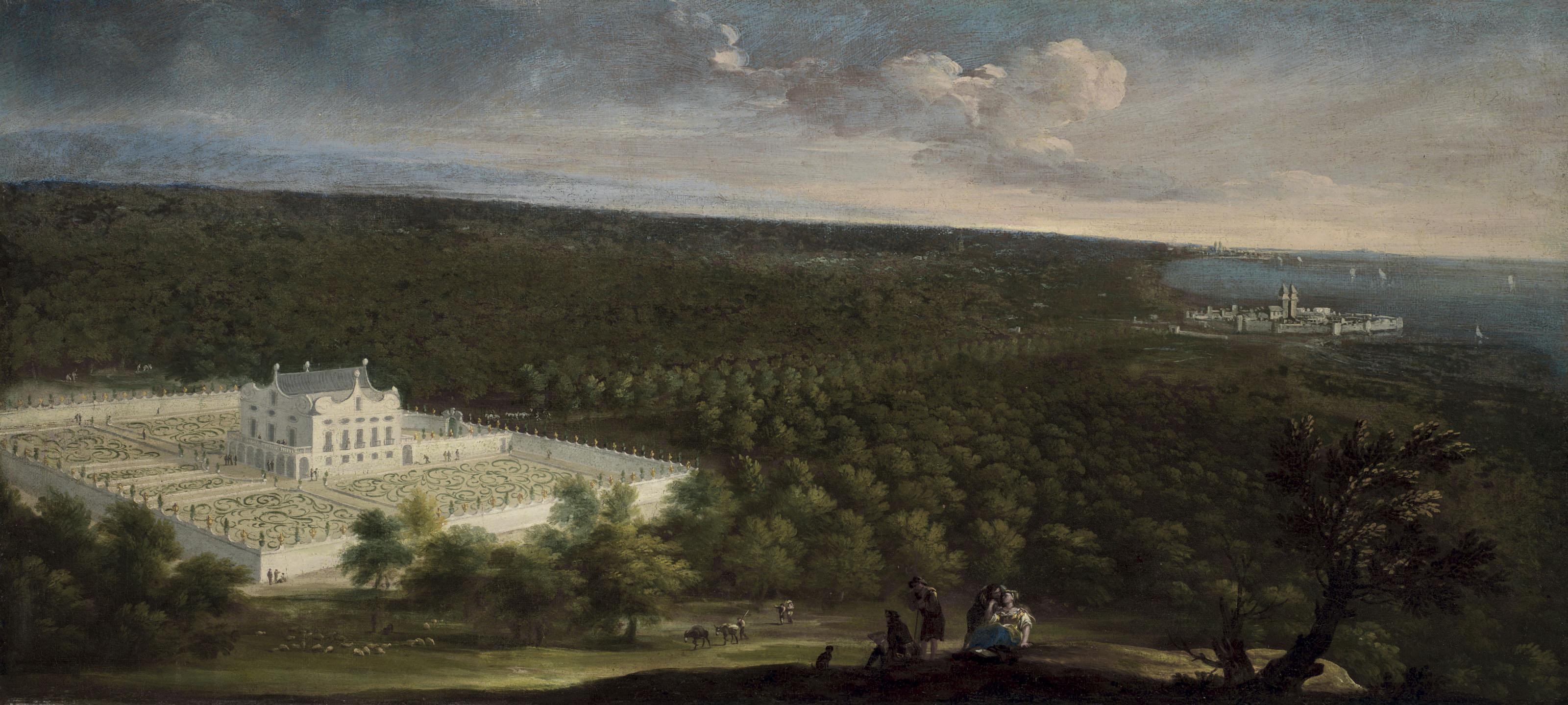 Hendrik Frans Van Lint - A Panoramic Landscape With An Italian Villa And Figures In The Foreground