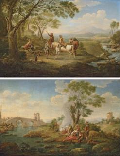 Hendrik Frans Van Lint - A River Landscape With Huntsmen Resting By A Stream; And A River Landscape With Pilgrims Resting By A Stream