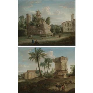 Hendrik Frans van Lint - A View Of An Ancient Tomb (The So-Called \'Tomb Of The Horatii And Curiatii Brothers\') At Albano; A View Of The Tomb Of Vibius Marianus (The So-Called \'Tomb Of Nero\') On The Via Cassia, Rome