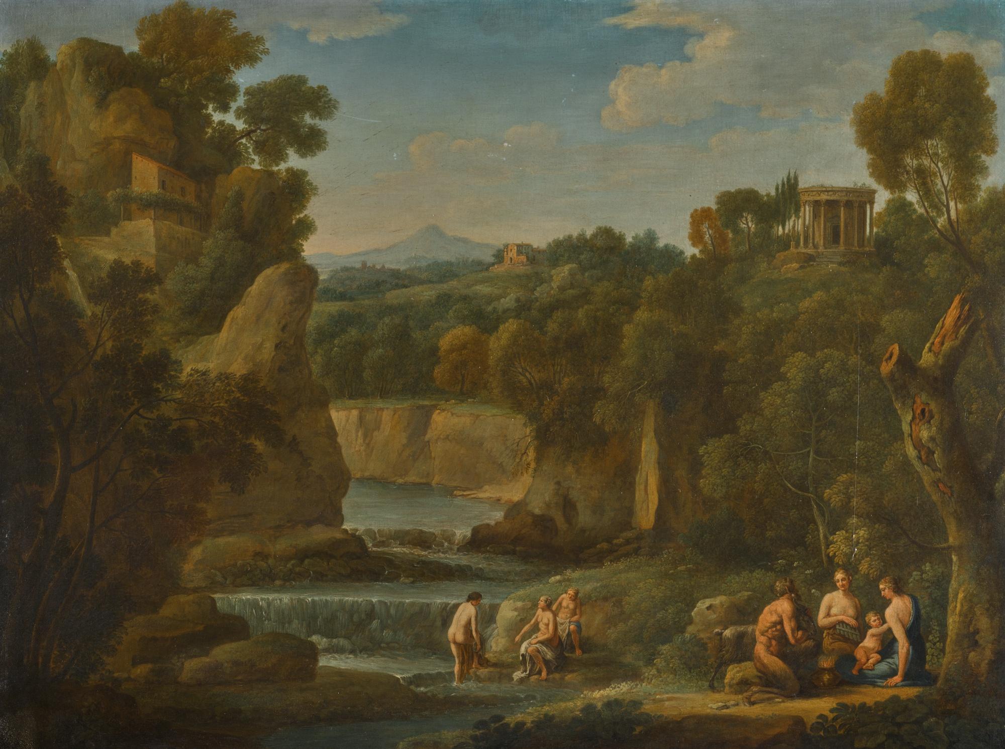 Hendrik Frans Van Lint - A Wooded Arcadian Landscape With A Satyr And Nymphs, With A Distant View To The Temple Of Vesta At Tivoli