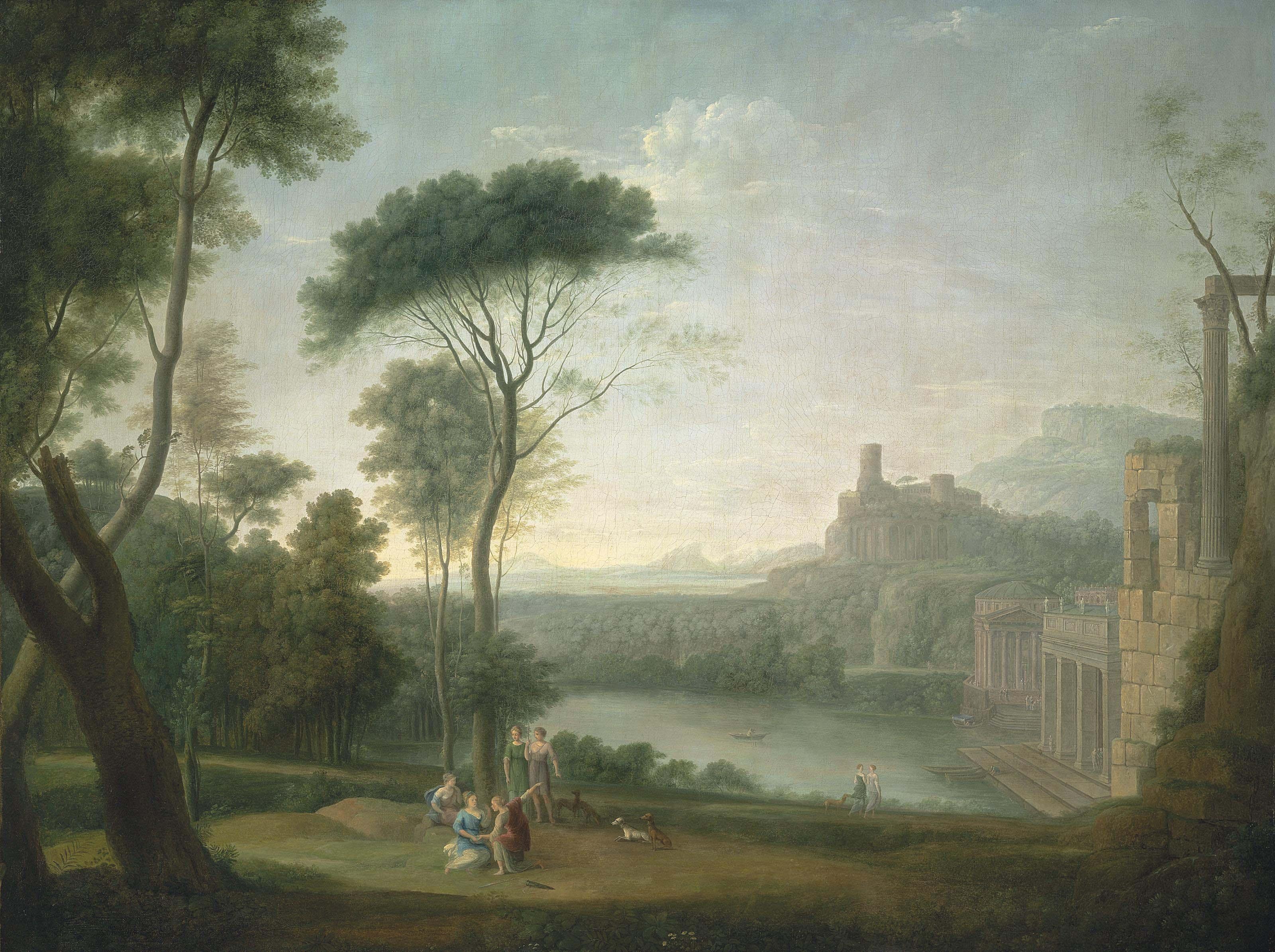 Hendrik Frans van Lint - An extensive Italianate wooded landscape, with classical buildings by a river, the nymph Egeria mourning over Numa in the foreground
