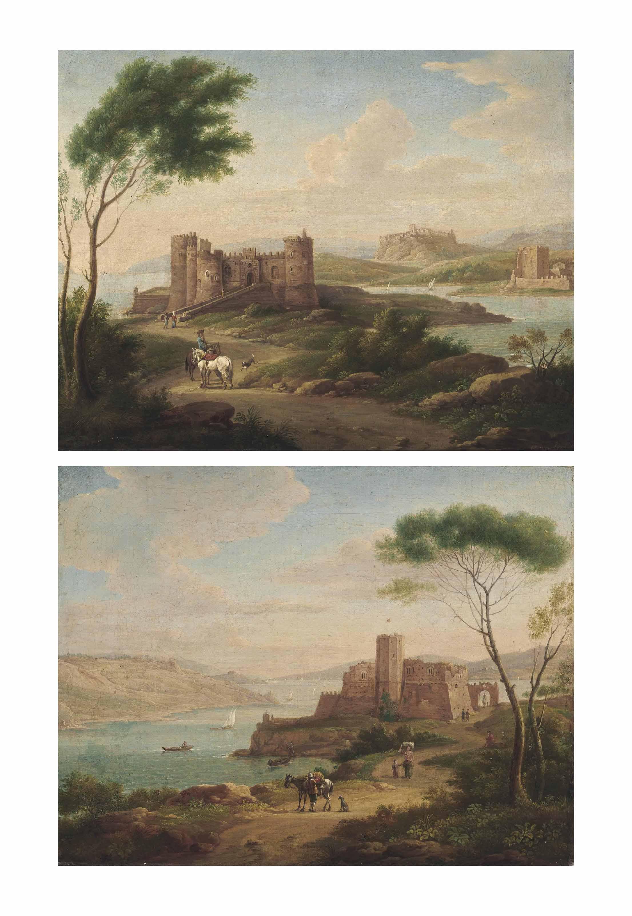Hendrik Frans Van Lint - An Italianate river landscape with figures on a path and entering a castle, a fortified village beyond; and An Italianate river landscape with travellers and other figures on a path, a ruined castle beyond