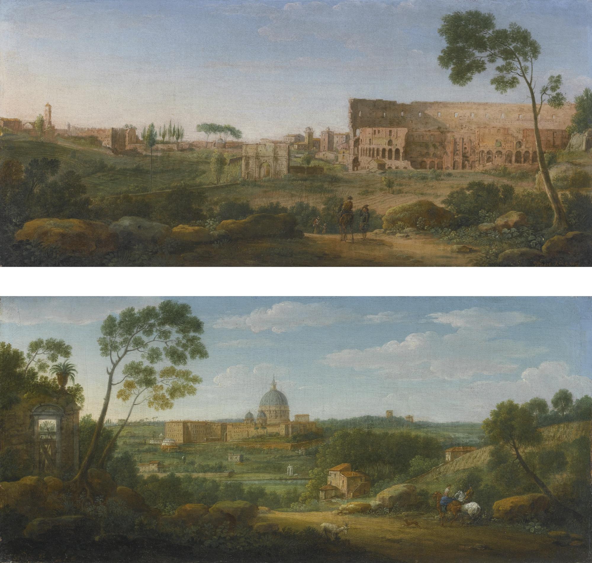 Hendrik Frans Van Lint - Rome, A View Of The Colosseum From The Top Of The Caelian Hill; Rome, A View Of Saint Peter\'S From The Top Of The Monte Mario