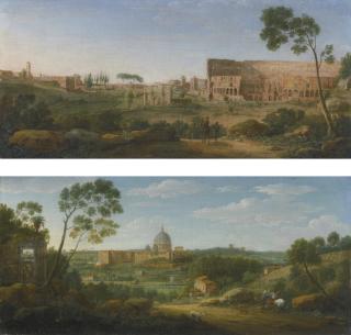 Hendrik Frans Van Lint - Rome, A View Of The Colosseum From The Top Of The Caelian Hill; Rome, A View Of Saint Peter\'S From The Top Of The Monte Mario