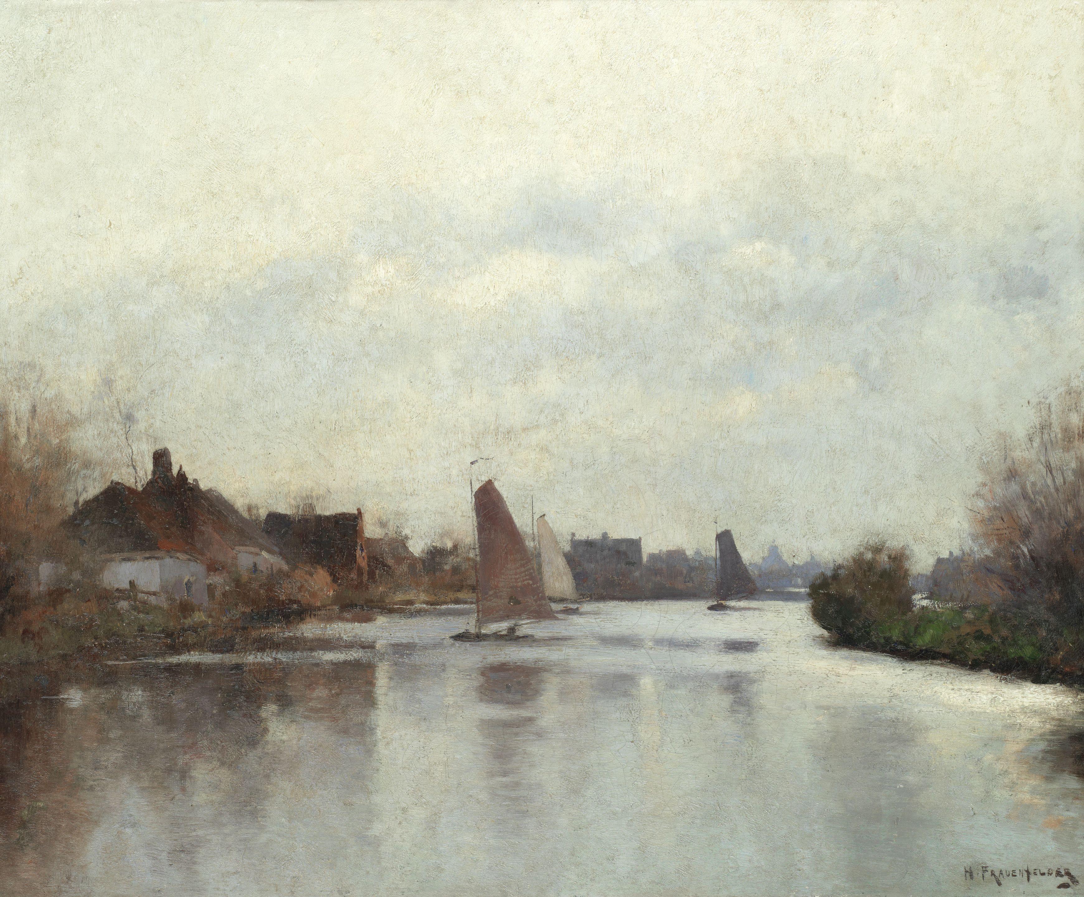 Hendrik Frauenfelder - River Landscape With Sailing Boats