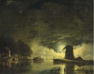 Hendrik Gerrit Ten Cate - A Ferry Crossing By Moonlight