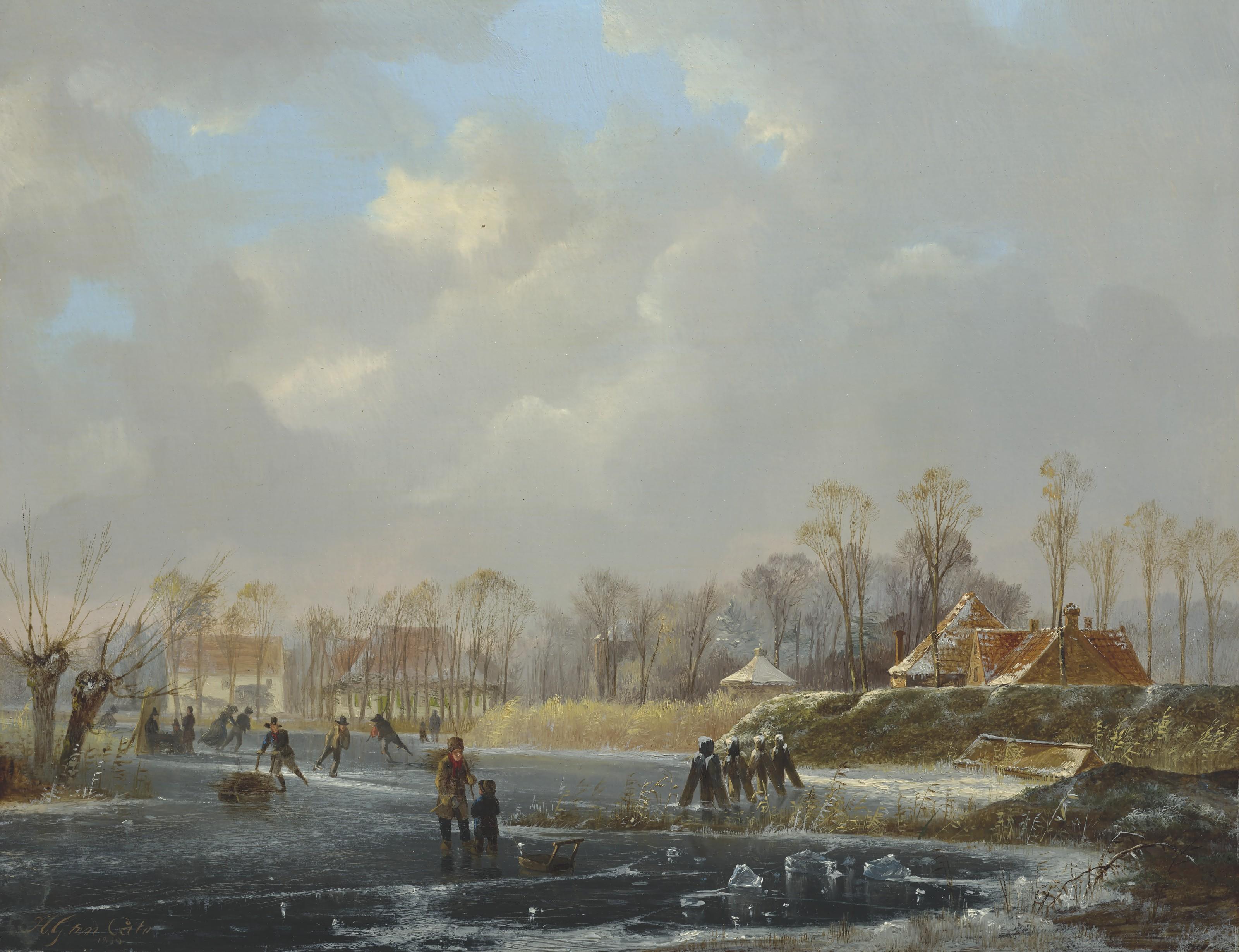 Hendrik Gerrit Ten Cate - A landscape with figures on a frozen river