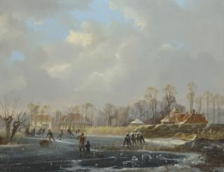 Hendrik Gerrit Ten Cate - A landscape with figures on a frozen river