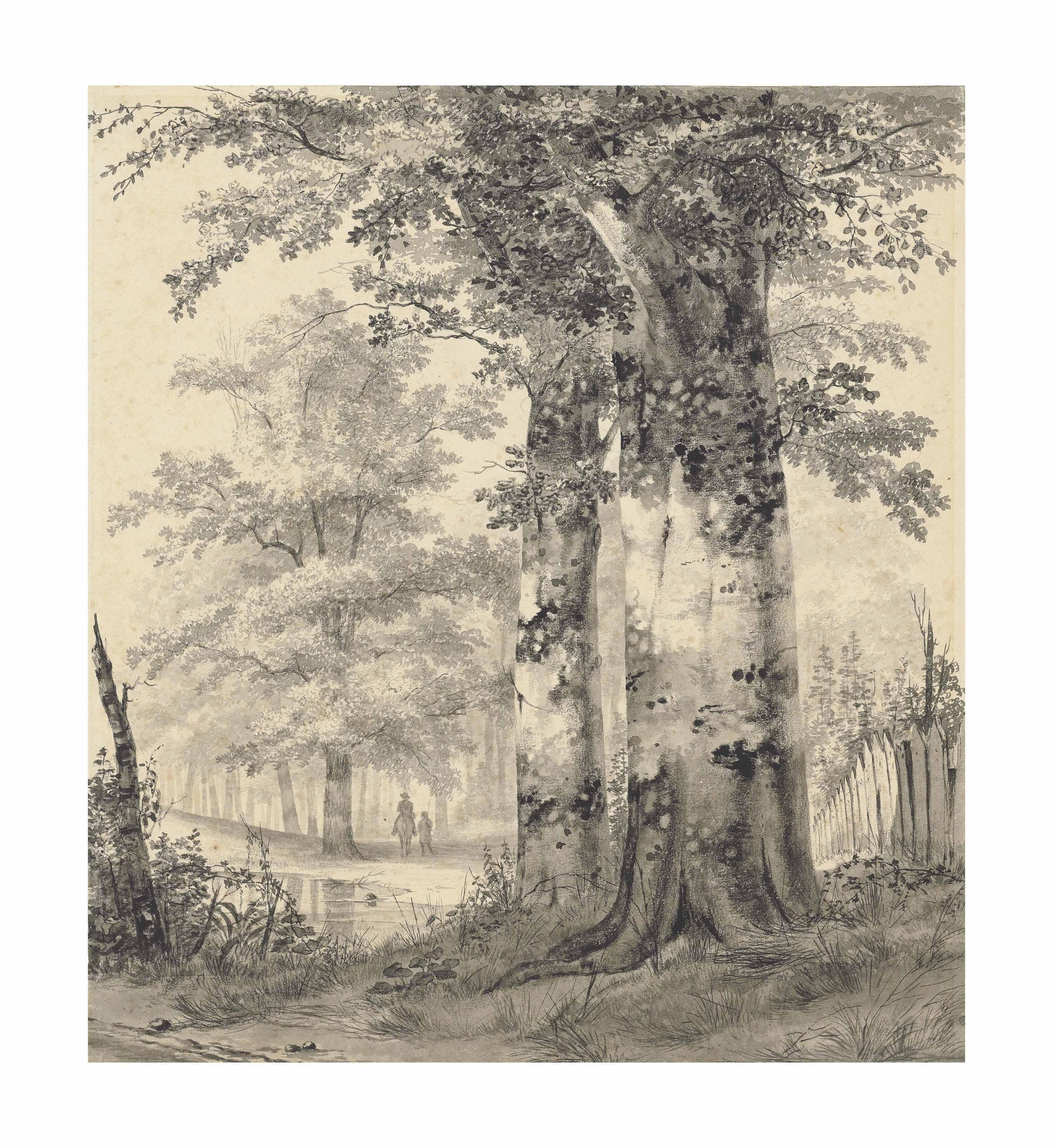 Hendrik Gerrit Ten Cate - A wooded landscape with figures by a pond