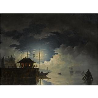 Hendrik Gerrit ten Cate - Dutch A Moonlit Harbour With A Ferry In The Foreground