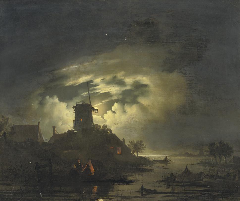 Hendrik Gerrit Ten Cate - Fishing by the windmill at night