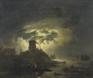 Hendrik Gerrit Ten Cate - Fishing by the windmill at night