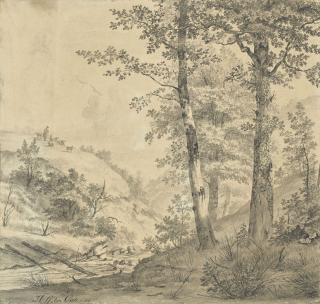 Hendrik Gerrit Ten Cate - Rivière bordée d\'arbres, un berger et son troupeau à l\'arrière plan