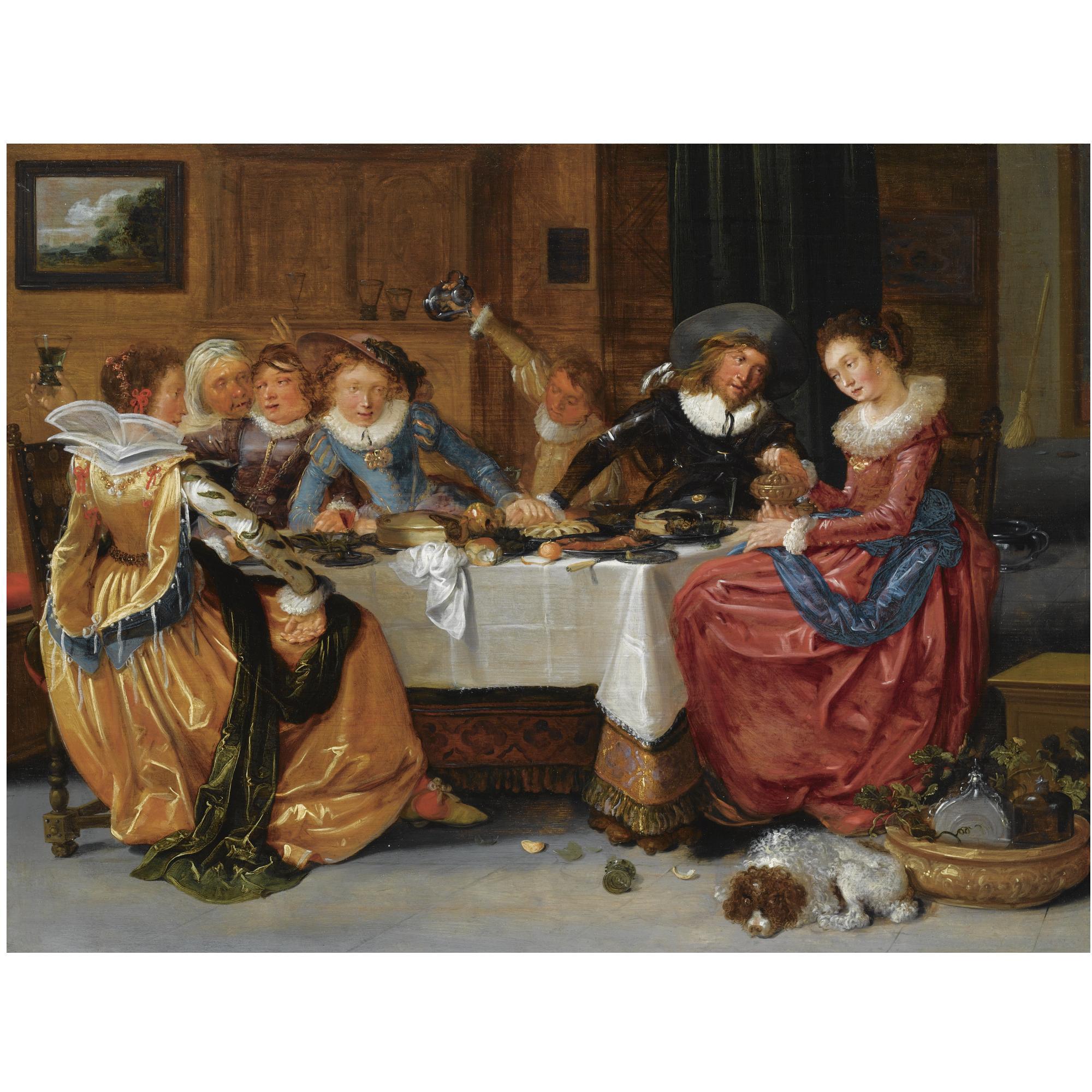 Hendrik Gerritsz. Pot - An Elegant Merry Company, Seated Around An Abundantly Laid Table, Drinking, In A Richly Decorated Interior