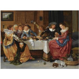 Hendrik Gerritsz. Pot - An Elegant Merry Company, Seated Around An Abundantly Laid Table, Drinking, In A Richly Decorated Interior