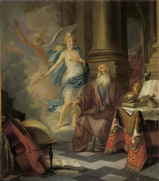 Hendrik Heerschop - A Vanitas: A scholar at work by a table by a column, visited by Truth while Time and Death appear in the background