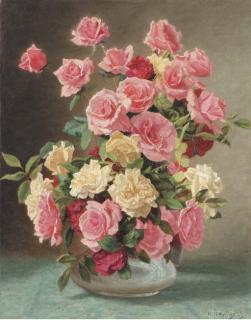 Hendrik Heyligers - Pink, Red and White Roses in a Glass Vase
