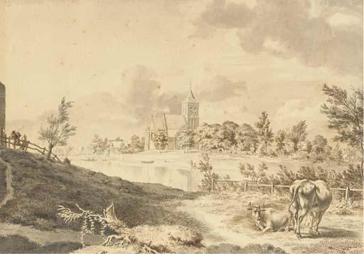 Hendrik Hoogers - Un Paysage Fluvial Avec Une Église Dans Le Fond Et Deux Vaches Au Premier Plan
