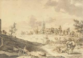 Hendrik Hoogers - Un Paysage Fluvial Avec Une Église Dans Le Fond Et Deux Vaches Au Premier Plan