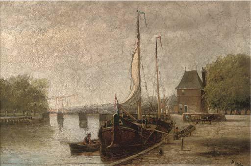 Hendrik Hulk - A Dutch canal with barges, near Haarlem