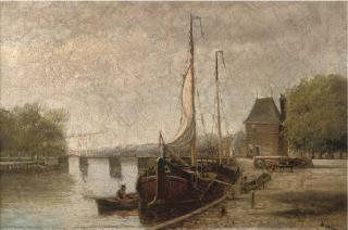 Hendrik Hulk - A Dutch canal with barges, near Haarlem