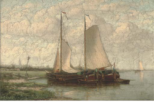 Hendrik Hulk - Barges Moored On A Dutch Waterway