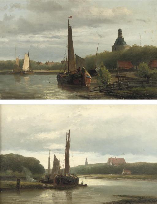Hendrik Hulk - Boats near Enkhuizen with the Dromedaris in the background; and A riverlandscape at sunset with the Zuidertoren, Enkhuizen