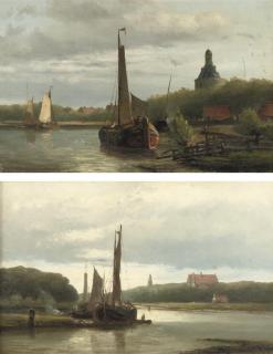 Hendrik Hulk - Boats near Enkhuizen with the Dromedaris in the background; and A riverlandscape at sunset with the Zuidertoren, Enkhuizen