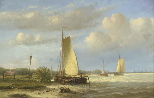 Hendrik Hulk - Sailing barges on a river; Vessels on a calm river