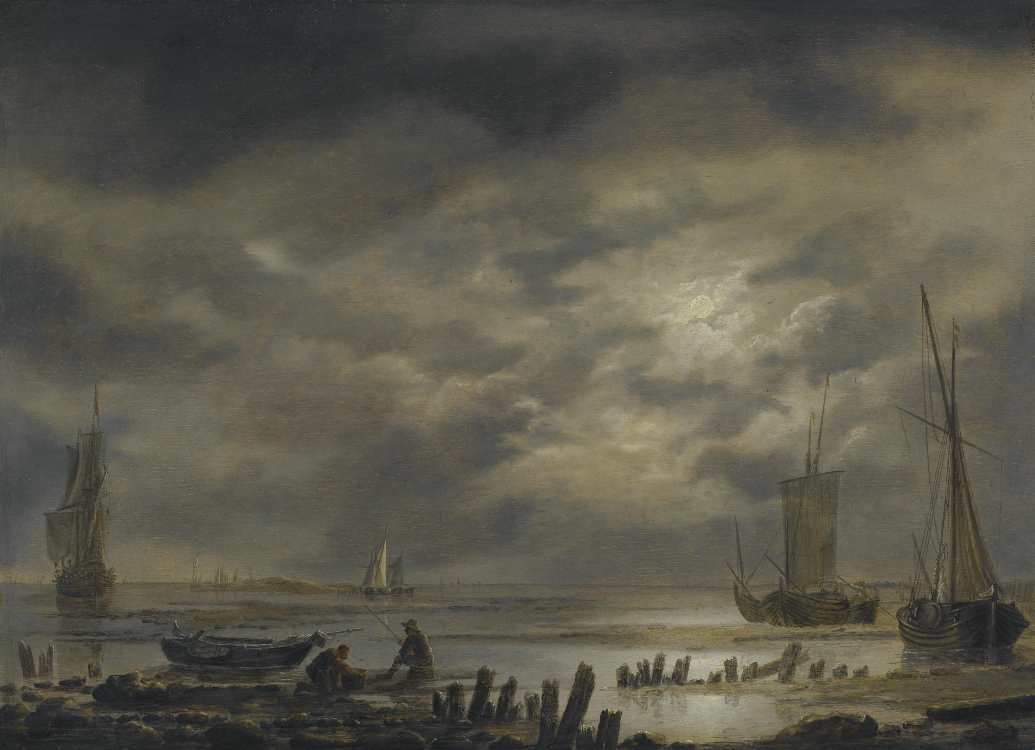 Hendrik Jacobsz. Dubbels - A Moonlit Coastal Landscape With Fishermen In The Foreground