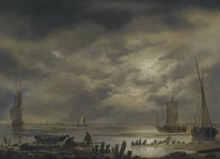 Hendrik Jacobsz. Dubbels - A Moonlit Coastal Landscape With Fishermen In The Foreground