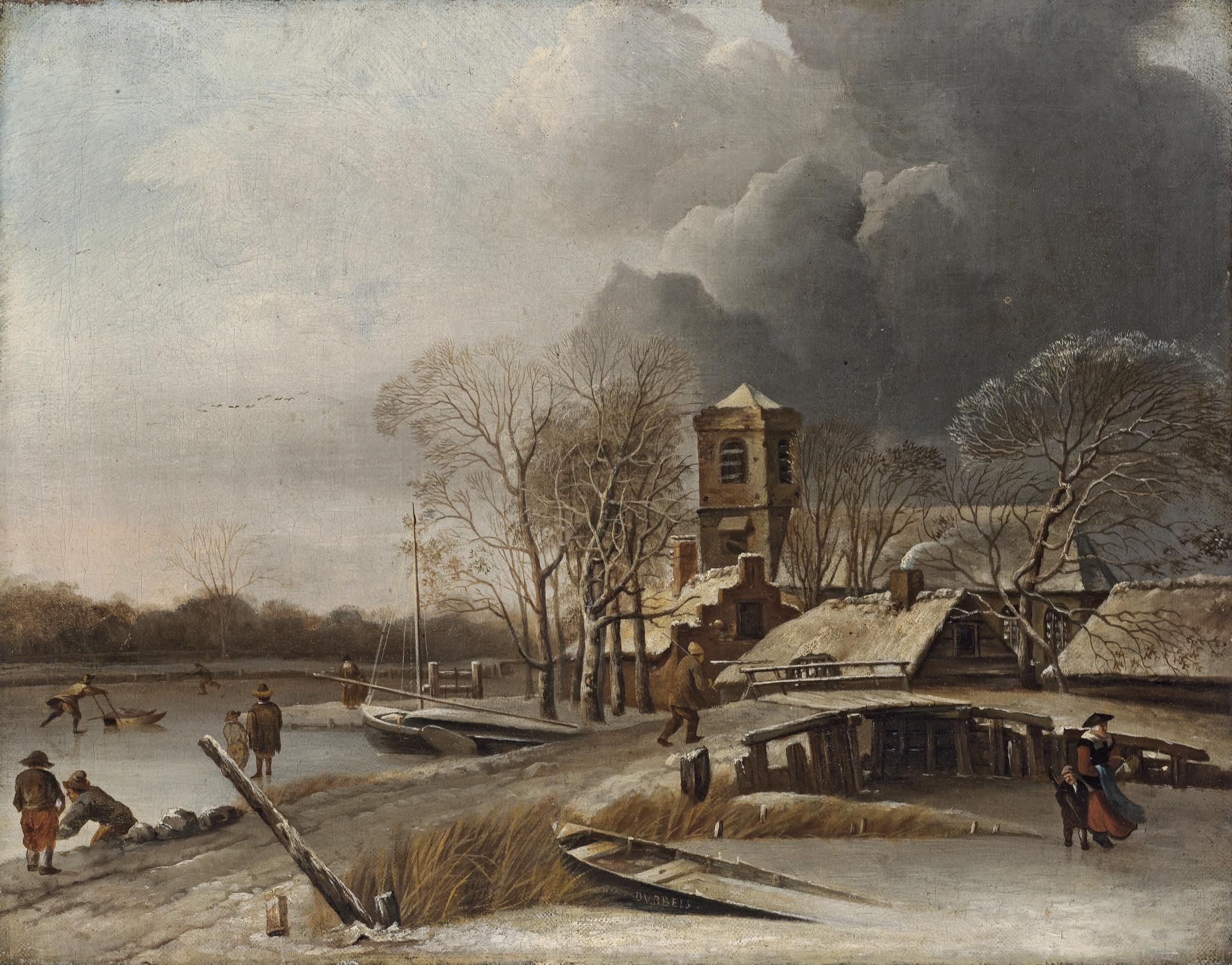 Hendrik Jacobsz. Dubbels - A winter landscape with figures skating, cottages and a church beyond