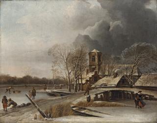 Hendrik Jacobsz. Dubbels - A winter landscape with figures skating, cottages and a church beyond