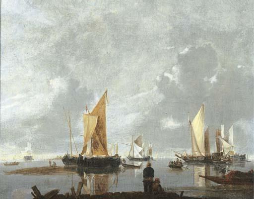Hendrik-Jacobsz. Dubbels - Moored ships in a calm, fisherfolk on a jetty nearby