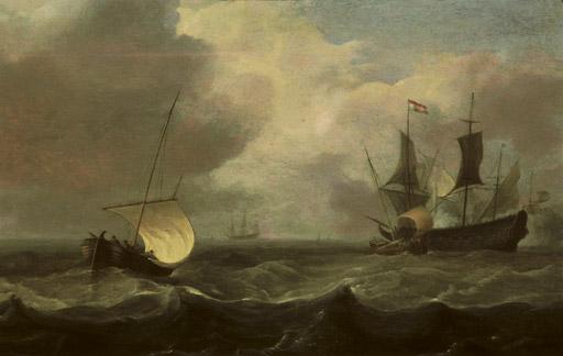 Hendrik Jacobsz. Dubbels - Sailing vessels in a stiff breeze with a man o\'war firing a salute