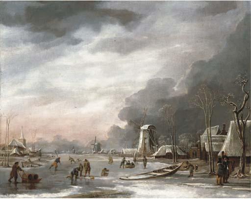 Hendrik Jakobsz. Dubbels - A winter landscape with villagers sledging on a frozen lake, a church beyond