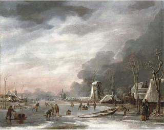 Hendrik Jakobsz. Dubbels - A winter landscape with villagers sledging on a frozen lake, a church beyond