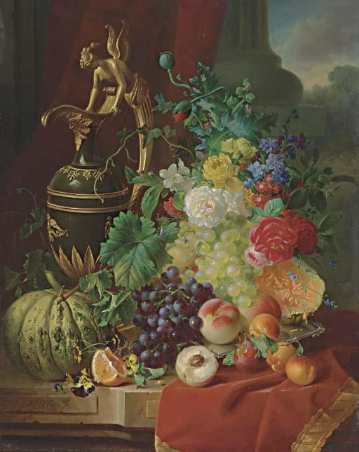 Hendrik Jan Hein - A Still Life with Peaches, Oranges, Melon, Roses and an Ewer on a stone Ledge