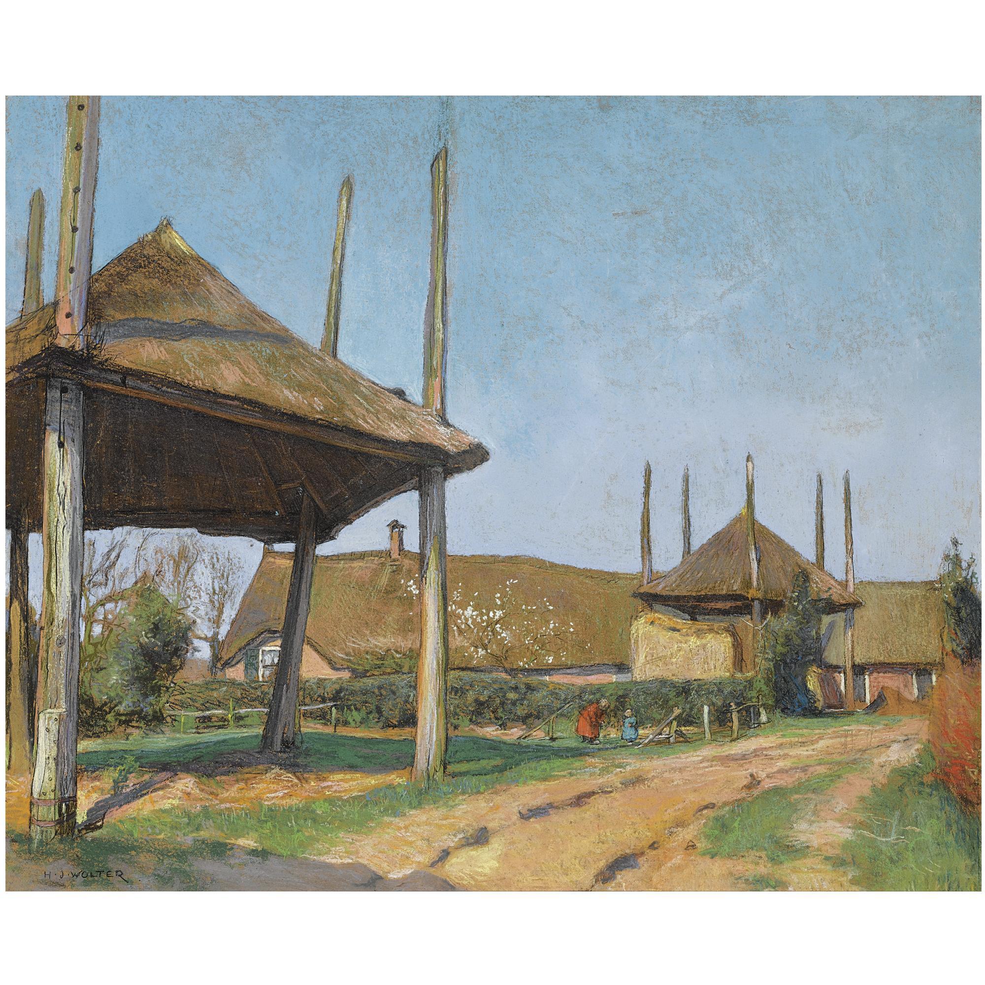 Hendrik Jan Wolter - Dutch Haystacks In A Farmyard 
