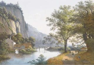 Hendrik Johannes Knip - Un Paysage Fluvial Avec Des Falaises, Un Moulin, Un Bourg Au Fond, Deux Hommes Et Un Chien Sur Un Chemin